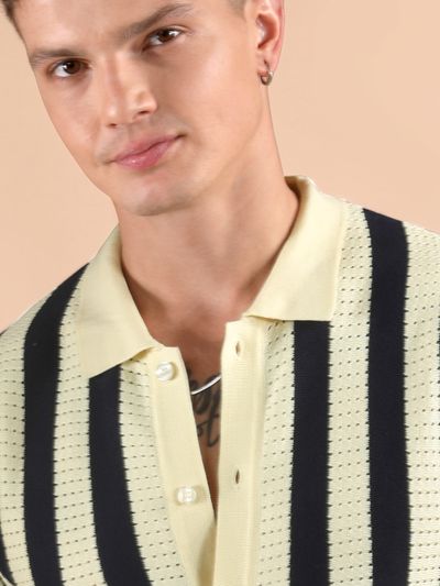 Navy Blue Striped Flat Knit Shirt